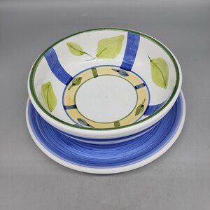 italy italian Spaghetti Bowl & Plate Ceramic Hand Painted Blue Green White